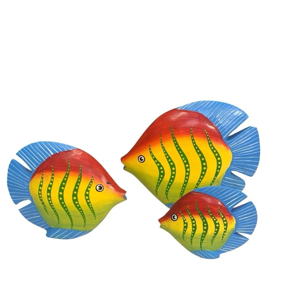 3 Wood Angel Fish Bright Colors Shelf Sitters Handcrafted 6.25 5 3.5 inches